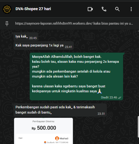 Screenshot chat WhatsApp DVA Co. perpanjang kontrak