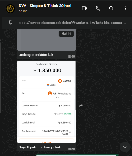 Bukti transfer Rp 1.350.000 dari DVA Co. untuk paket TikTok 30 Hari